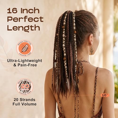 SEIKEA Boho Braided Ponytail Extension on Hair Tie, 16" Full Volume Lightweight Viking Dreadlock Ponytail Braid in Dreadlock Extensions with Beads and Shells, Festival Hair Accessories for Women Girls - color: Pastel Fairycore Lilac
