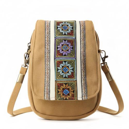 Goodhan Embroidery Canvas Crossbody Bag Cell phone Pouch Coin Purse for Women - color: Camelyellow