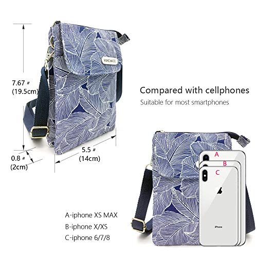 Roomy Cell Phone Purse Wallet Canvas Small Crossbody Purse Bags with Shoulder Strap For Women teen girlsl | Roomy - color: A-blue Leaves