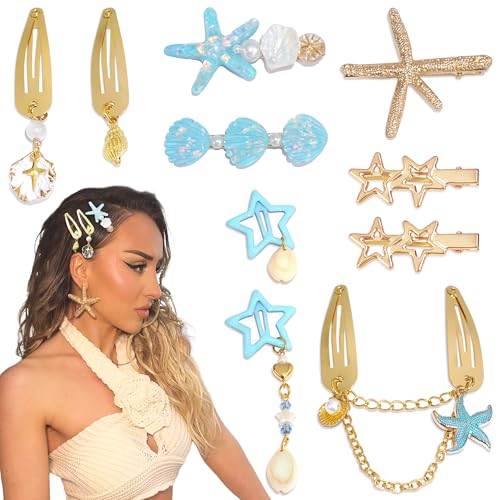 10PCS Blue Starfish Hair Clip Bling Gold Seashell Hair Clips Y2K Summer Beach Shell Hair Accessories for Women and Girls - color: Blue