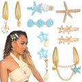 10PCS Blue Starfish Hair Clip Bling Gold Seashell Hair Clips Y2K Summer Beach Shell Hair Accessories for Women and Girls - color: Blue