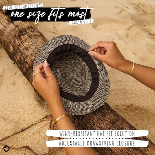 Funky Junque Straw Fedora Hats for Women - UPF 50+ Sun Hat, Short Brim Packable Beach Hat with Woven Pattern - color: Black Multi W/ Beaded Ropes