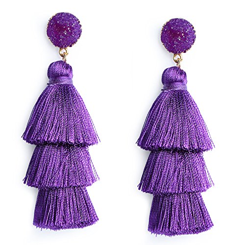 Me&Hz Colorful Layered Tassel Earrings Bohemian Statement Tiered Tassel Big Dangle Drop Earrings for Women Druzy Studs Valentine’s Day Gift - color: Purple