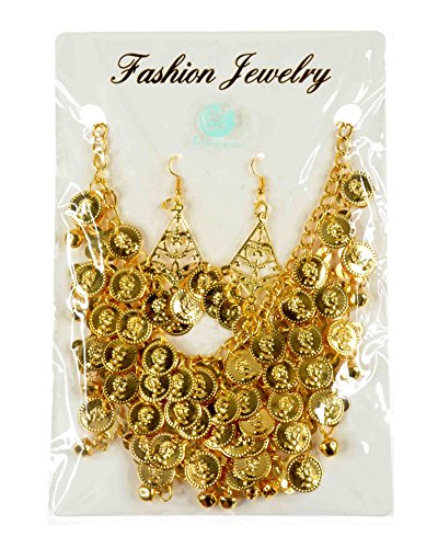 Seawhisper Belly Dance Golden/Silver Coins Necklace and Earrings Bracelets - color: Golden(3pcs:1 necklace + 2 earrings)