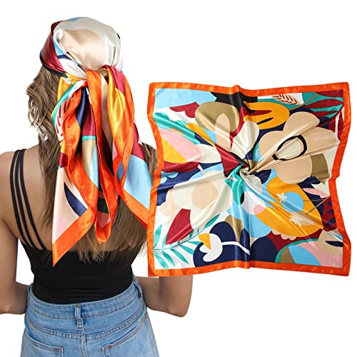 AWAYTR Satin Silk Scarf - Large Hair Bandana, Sleeping Wrap for Women - color: Flower(blue)