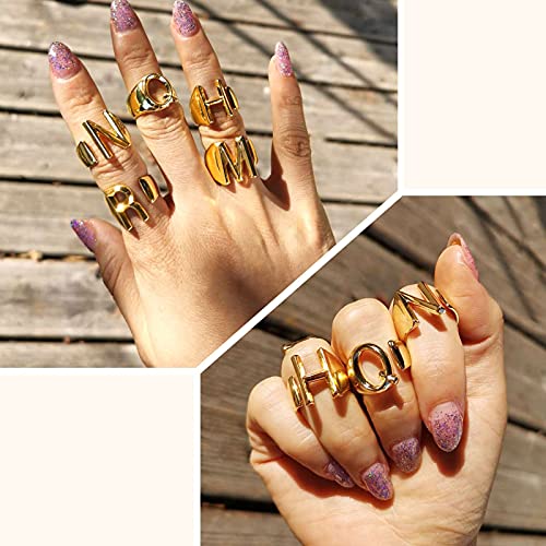 FindChic Customizable Initial Ring Statement 18K Gold Plated Fashion Cuff Rings for Women Alphabet Letter A to Z Resizable Knuckle Ring (with Gift Box) - color: P