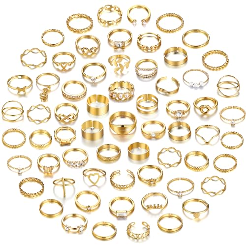FAXHION 24-60 Pcs Gold Stackable Rings for Women, Knuckle Rings Chunky Gold Ring Set Dainty Stacking Cute Rings, Multiple Sizes Cute Jewelry Set Gift - style: Modern, Contemporary, American