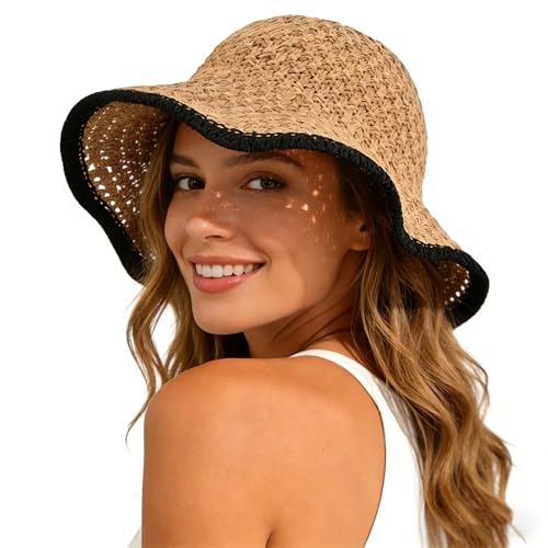 Sun Hat for Women Beach Hat Straw Bucket Hat Summer UV Protection, Packable Breathable Crochet Style - color: 1pack-khaki-black-brim