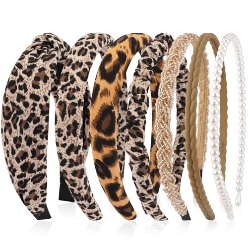 VELSCRUN Headbands for Women 7 Pcs Different Leopard Color Knotted Solid Pearl Head Bands Non Slip Hair Band Stuff for Teen Girls Womens Trendy Fashion Diademas Para Mujer Hair Accessories - color: Leopard Color