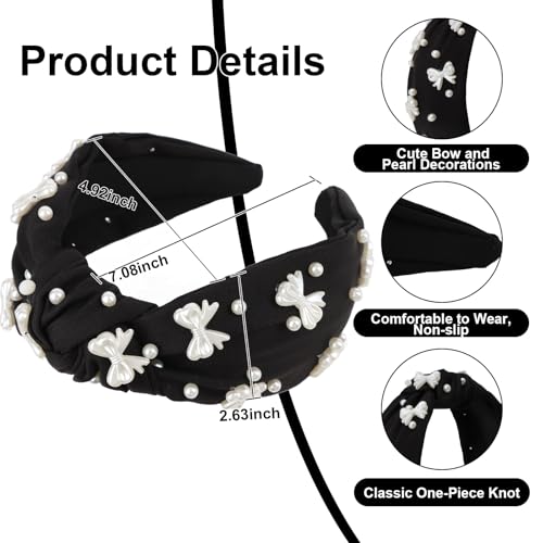 Black Headband Bow Pearl Knotted Headbands for Women Girls Cute Fashion Wide Headbands for Women Non Slip Hairbands Head Bands for Women's Hair Bow Hair Accessories - color: Black-03