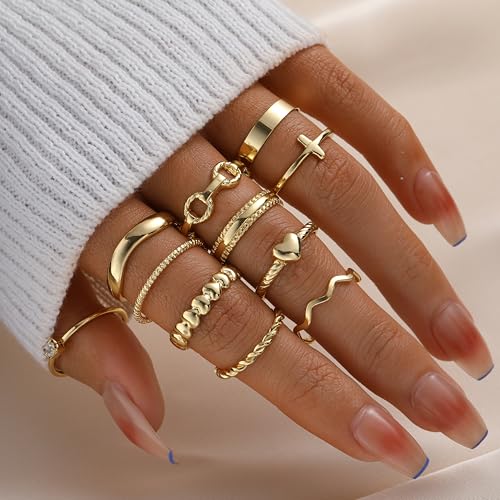 YEEZII 25 Pcs Gold Knuckle Rings Set for Women, Cute Stackable Finger Midi Rings, Dainty Gold Chunky Stacking Statement Womens ring pack - color: Gold-B-25 Pcs