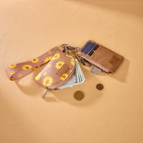 Wrangler KeyChain Wristlet Wallets for Women Sunflower Floral Dual Pouch Wristlet Western Credit Card Holder Wallet with Zipper Pocket - color: Sunflower Khaki