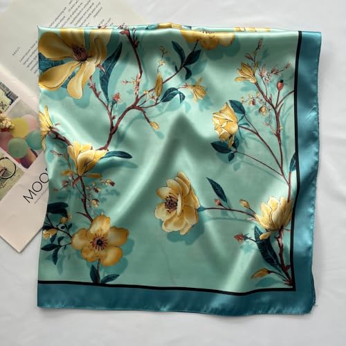 Julunar Silk Like Head Scarf for Women - Satin Large Hair Scarves - 35" Square Silk Hair Wrap for Sleeping with Gift Packed - color: A000-3 Flowers Green