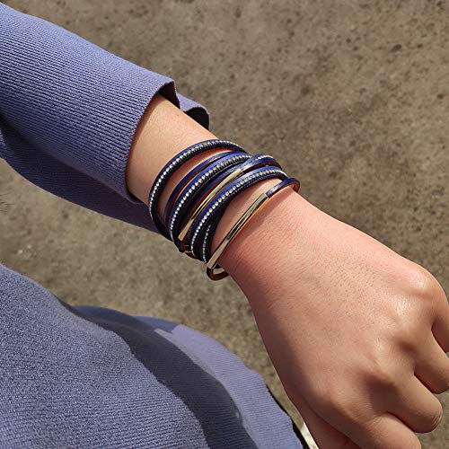 Artilady Leather Wrap Bracelets for Women - Pearl Bracelets Handmade Clasp Bangle Bracelet with Beads Jewelry Gift for Women and Mother - style: Blue with Gold bar