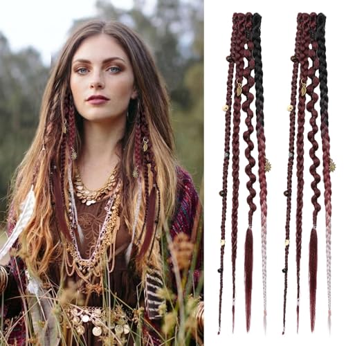 REECHO Clip in Braid Hair Extensions for Women, 16" Boho Dreadlock Clip in Braids with Beads & Charms, 2PCS Handmade Synthetic Braided Hairpieces for Cosplay Daily Styling, Burgundy & White - color: Burgundy & White, size: 16 Inch
