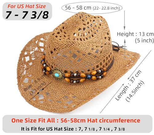 Straw Cowboy Hat, Western Cowgirl Hat, Wide Brim Sun Beach Hat for Men and Women - color: Khaki-m27