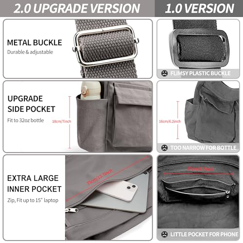 KALIDI Canvas Tote Bag Large Hobo Crossbody Shoulder Handbag Zipper Messenger Bag for Women or Men Casual College Work - color: Upgraded Grey