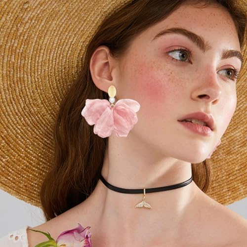 Handmade Fabric Flower Petal Fringe Dangle Drop Earrings Bohemian Floral Tassel Stud Earrings For Women - color: Meat Pink