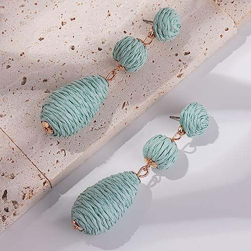 Boho Raffia Earrings Statement Dangle Earrings Cute Teardrop Ball Earrings Colorful Summer Jewelry Handmade Rattan Earrings for Women - color: Lime Green
