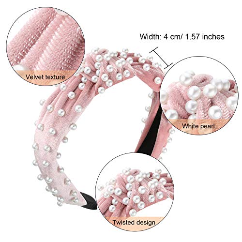 WILLBOND 3 Pieces Pearl Knotted Headbands for Women Velvet Top Knot Head Bands Pearls Hair Hoop for Woman Hair Accessories (Beige, Pink, Black) - color: Beige, Pink, Black
