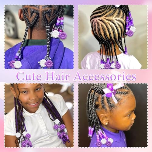 60PCS Hair Beads for Braids Loc Dreadlock Tube Bead Purple&White Pony Beads Self Hinge Flower Hair Barrette 80s 90s Hair Clips Cute Hair Accessories for Girls - color: Purple&White