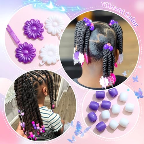60PCS Hair Beads for Braids Loc Dreadlock Tube Bead Purple&White Pony Beads Self Hinge Flower Hair Barrette 80s 90s Hair Clips Cute Hair Accessories for Girls - color: Purple&White