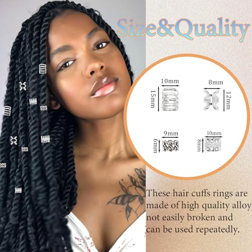 Hair Cuffs for Braids Silver - 80pcs Hair Jewelry Dreadlock Beads Non-Piercing Ear Clips Adjustable Braids Accessories for Women and Men - color: Silver