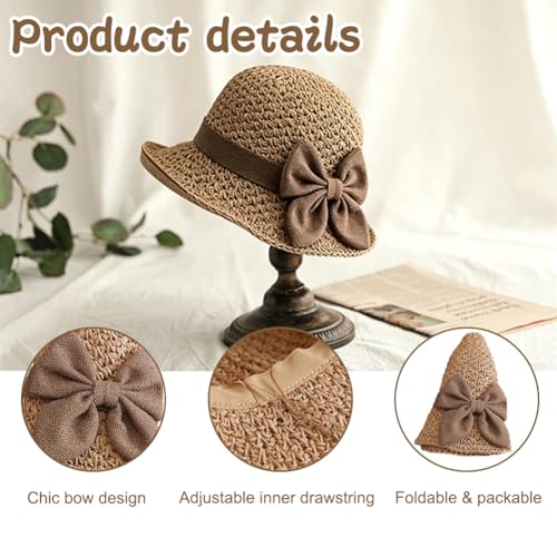 Womens Straw Hat Foldable Wide Brim Floppy Beach Sun Hats, Bucket Cap with Bowknot for Girls - color: Khaki