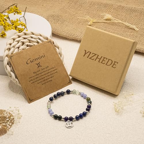 Zodiac Natural Stone Bracelet – Handmade Crystal Healing Bracelet with Zodiac Charm – Adjustable Beaded Jewelry Gift for Women Men Girls - color: Gemini