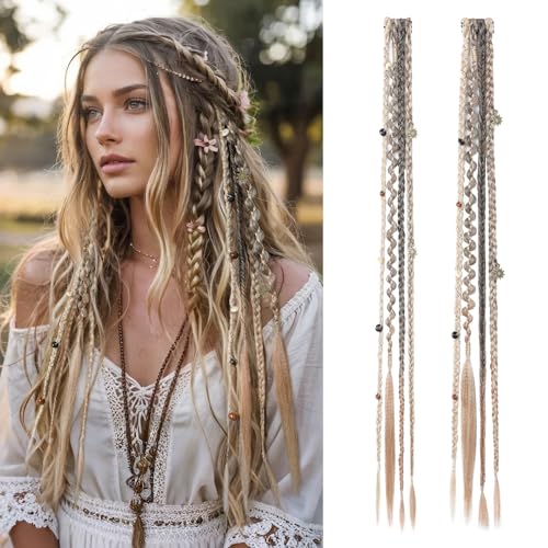 REECHO Clip in Braids for Women, 20" Boho Dreadlock Clip in Braids with Beads & Charms, 2PCS Synthetic Braided Hairpieces for Music Festival Season Cosplay Daily, Ash Blonde & Mixed Brown - color: Ash Blonde & Mixed Brown, size: 20 Inch