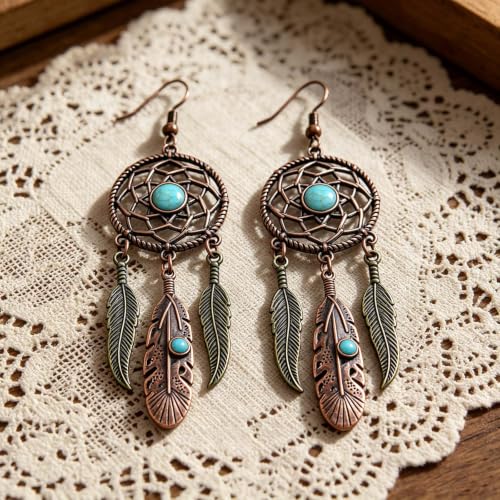 Boho Turquoise Drop Earrings Retro Long Copper Feather Tasse Metal Leaf Dangle Earrings Vintage Country Western Jewelry Cowgirl Ethnic Style Geometric Concert Festival Accessories for Women - color: Brown Green