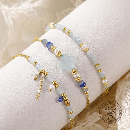 Beaded Bracelets Set for Women Stackable Healing Layered Bracelets Stack 3PCS Aquamarine Gemstone Crystal Dainty Boho Summer Jewelry for Women Natural Stone 14k Gold Plated - color: Aquamarine