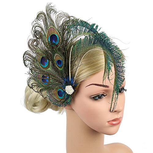 Fascinator Peacock Feather Hair Clips Flapper Headband Art Deco 20's Accessories for Women - color: 08green