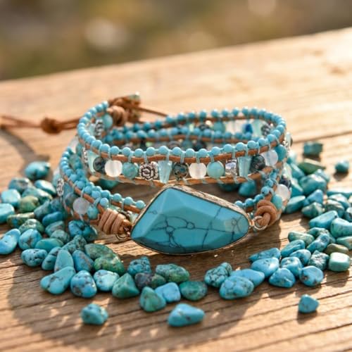 YGLINE Boho Handmade Wrap Leather Tube Crystal Stone Bracelet for Women - color: Turquoise-3 wrap