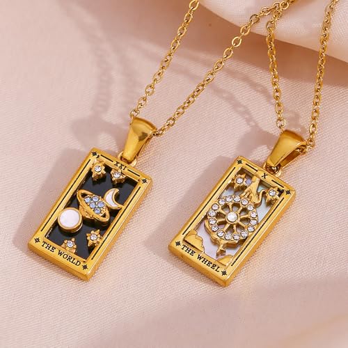 ORIGENCE 18k Gold Plated Tarot Cards Pendant Necklace - Vintage Colorful Charm Necklace Lucky Talisman Hypoallergenic for Women and Men Gift - style: The Wheel