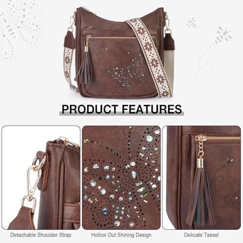 KITEVIUN Medium Crossbody Bags for Women Trendy, Women's Butterfly Shoulder Handbags with Tassel - color: 006-coffee