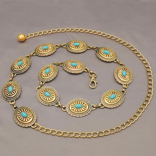 Women's Concho Chain Belt Western Cowgirl Metal Waist Chain Belt for Dress - color: B Gold, size: M: 47.2 in