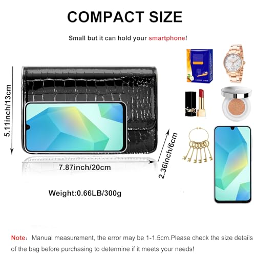 Small Crossbody Purse Bag for Women，Y2K Cute Metallic Croc-Embossed Handbag with Chain Strap - color: Medium Black（fit Your Phone）