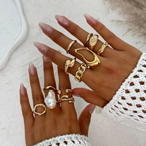 Chunky Gold Rings for Women Non Tarnish Boho Stackable Rings Set Adjustable Open Joint Finger Midi Knuckle Ring Packs - color: Gold Pearl Rings 12Pcs