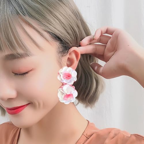Oversized Fabric Flower Earrings for Women Statement Boho Chic Dangle Drop Earrings for Parties Weddings or Everyday Wear - color: Pink White