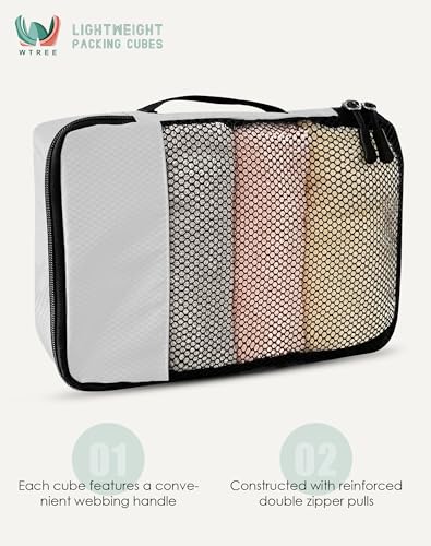 WTREE 4-Piece Packing Cubes Travel Accessories Set for Suitcases - Luggage Organizer Bags with Double Zipper - Mesh Top - Small/Medium/Large/Slim - Beige - color: Beige, size: Slim, Small, Medium, Large