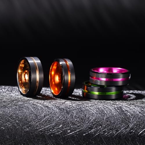 King Will Mens Tungsten Rings for Men Two Tone Grooved Mens Wedding Band Cool - color: Orange