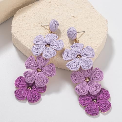Boho Flower Earrings Statement Raffia Dangle Earrings Cute Floral Jewelry Trendy Summer Beach Vacation Outfits for Women - color: Purple-2