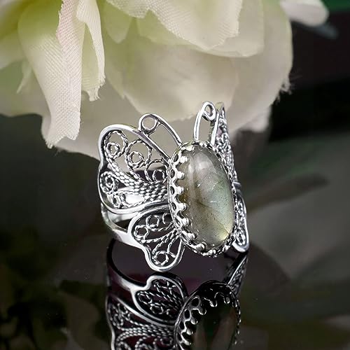Filigranist Sterling Silver Filigree Art Butterfly Women Cocktail Ring with Gemstones - color: Labradorite