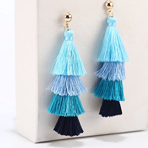 BaubleStar Tassel Earrings Handmade Tiered Thread Tassel Dangle Earrings, Multi Colors - color: Blue Ombre