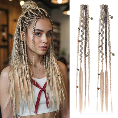 REECHO Clip in Braids for Women, 16" Boho Dreadlock Clip in Braids with Beads & Charms, 2PCS Synthetic Braided Hairpieces for Music Festival Season Cosplay Daily, Ash Blonde & Mixed Brown - color: Ash Blonde & Mixed Brown, size: 16 Inch