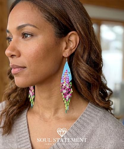 Long Beaded Earrings for Women, Statement Tassel Dangling Earrings, Native American Jewelry Boho Country Colorful Flower Moon Bead Gifts - style: Aqua Flora Fringe