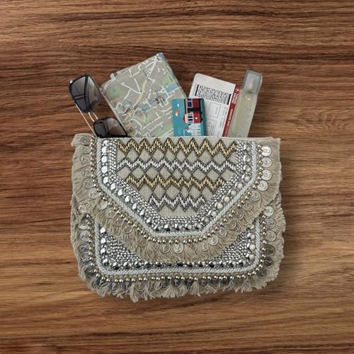 Handcrafted Boho Clutch Purse, Beaded Geometric Pattern with Fringe, Crossbody Evening Bag - color: Taupe and Gold