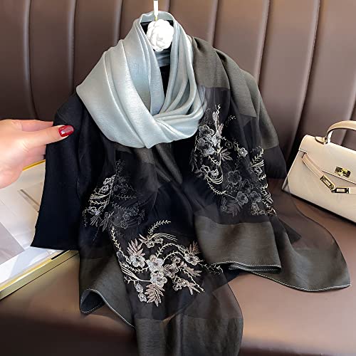 WINCESS YU Women Mulberry Silk Scarf Long & Large Embroidered Floral Pattern Shawl and Wraps Neckerchief for Hair & Neck - color: Gradient Black