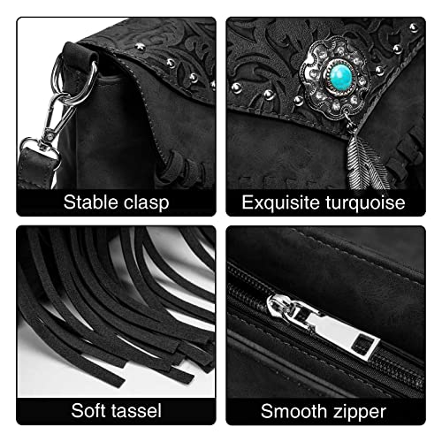 LAVAWA Small Crossbody Bags for Women Crossbody Handbag Fringe Purse Tassel Shoulder Bag Turquoise Concho Wallet - color: Black